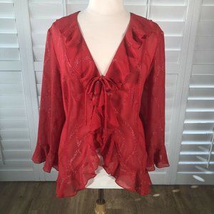 HBS Collection Woman Red Sparkle Topper 20W Blouse Shrug Ruffle Sheer